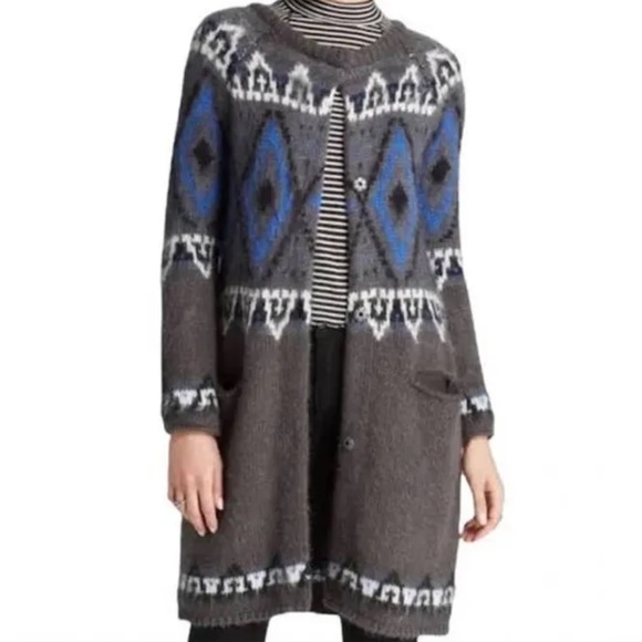 Free People Fair Isle Med Gray Longline Button Cardi Mohair Wool Pocket Coatigan - Picture 3 of 9